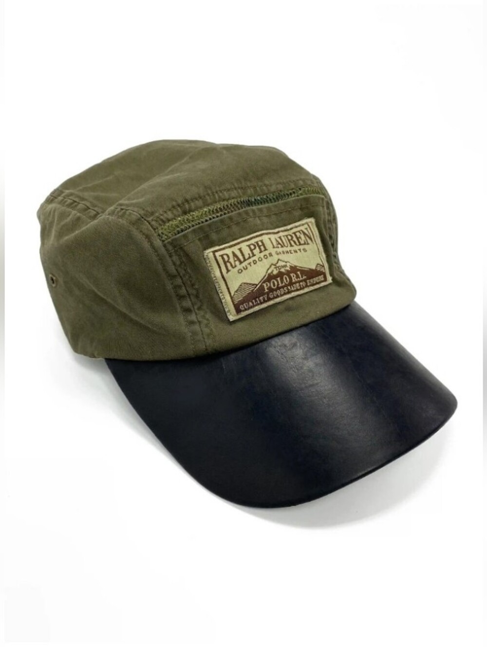 Vintage POLO Ralph Lauren Military Heavy Canvas Green Leather Brim Cap Hat -L/XL